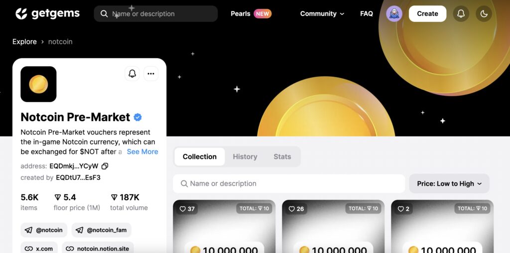 Notcoin Пре-Маркет: как продать ноткоины выпустить ваучер NFT на GetGems