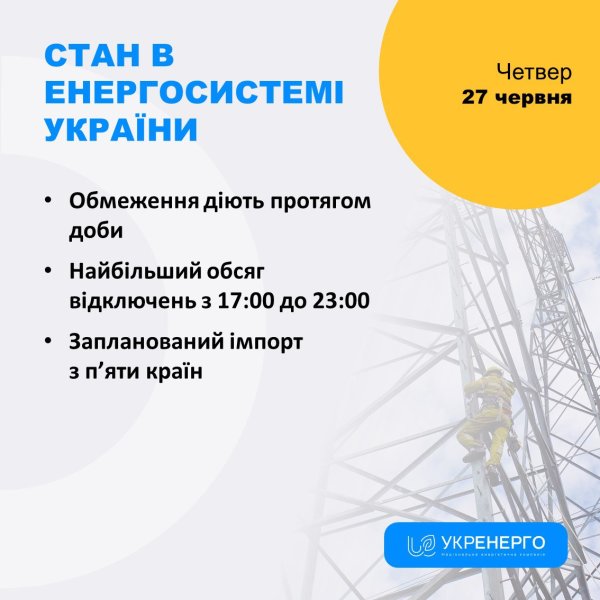"Укрэнерго" сообщило, когда объем отключений света сегодня будет самым большим
"Укрэнерго" сообщило, когда объем отключений света сегодня будет самым большим