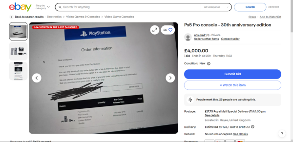 Лимитированную PlayStation 5 Pro разобрали за минуты. На Ebay консоли перепродают свыше $13 000
Лимитированную PlayStation 5 Pro разобрали за минуты. На Ebay консоли перепродают свыше $13 000