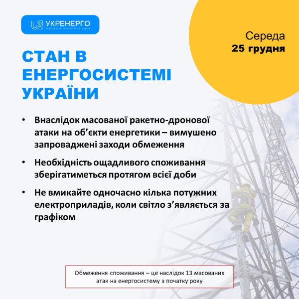 "Укрэнерго" сделало заявление о графиках отключений света на Рождество
"Укрэнерго" сделало заявление о графиках отключений света на Рождество