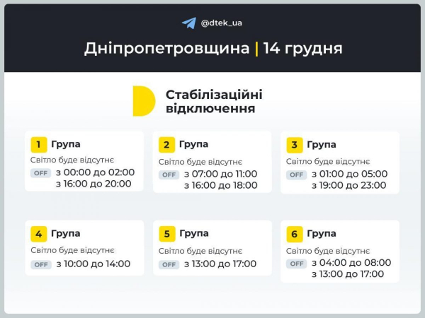 Графік вимкнення електроенергії на 14 грудня: коли не буде світла в суботу Графік вимкнення електроенергії на 14 грудня: коли не буде світла в суботу