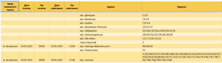 Що відомо про графіки відключення світла у Запоріжжі та області 29 січня