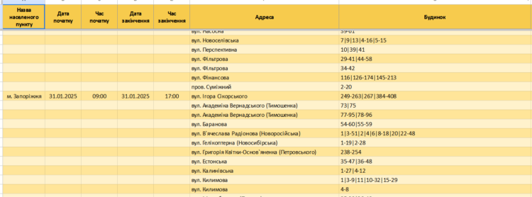 Графіки відключення світла у Запоріжжі та області 31 січня