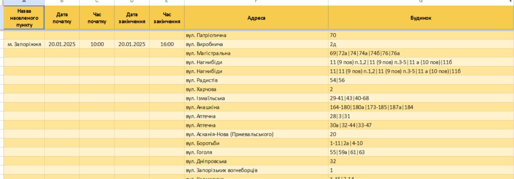 За якими адресами у Запоріжжі та Запорізькій області діють графіки відключення світла 20 січня