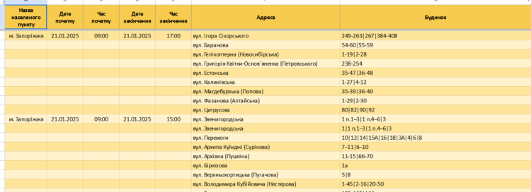 Графіки відключення світла у Запоріжжі та Запорізькій області 21 січня