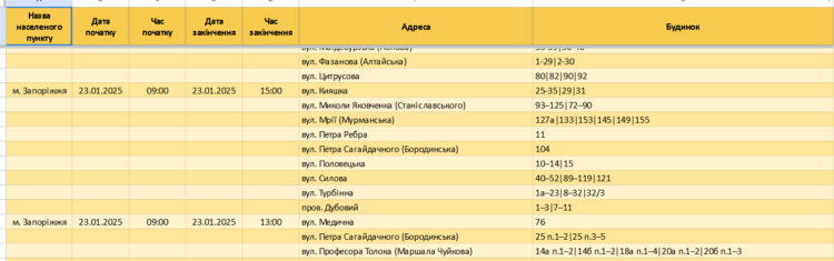 За якими адресами у Запоріжжі та Запорізькій області не буде світла 23 січня: оновлені графіки відключень