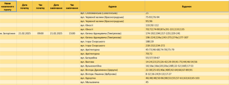 П'ятниця без світла: де у Запоріжжі 21 лютого відключать електроенергію