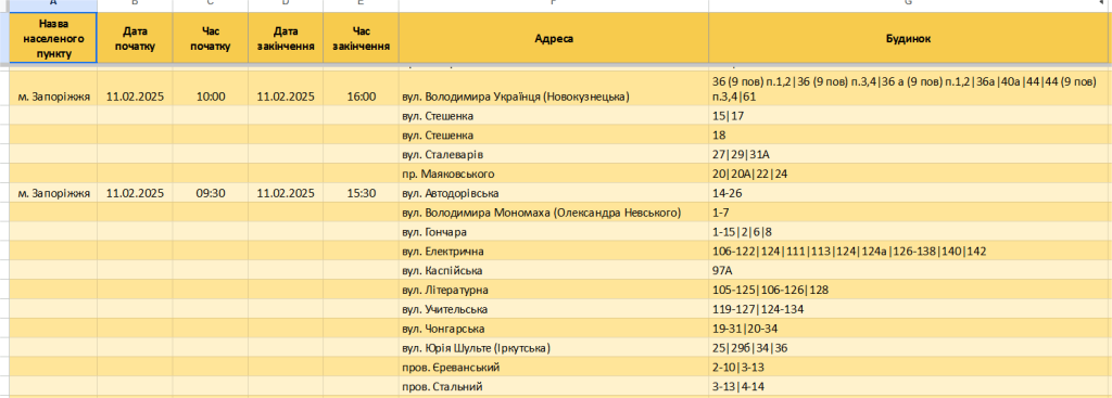 Що відомо про графіки відключення світла у Запоріжжі та області 11 лютого
