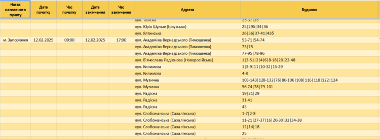 За якими адресами у Запоріжжі та Запорізькій області діють графіки відключення світла 12 лютого