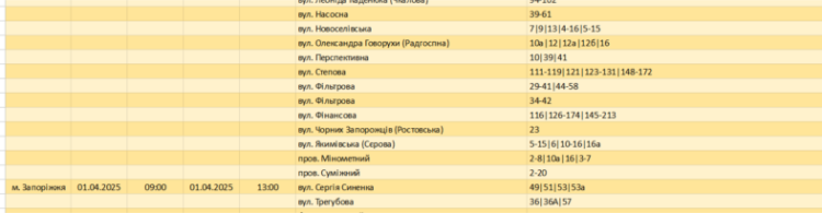 Графіки відключення світла у Запоріжжі та області на 1 квітня: список адрес