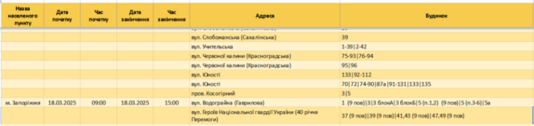 У Запоріжжі та області 18 березня діють графіки відключення світла: список адрес