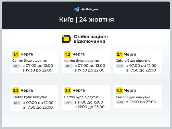 Відключення триватимуть: у кого вимикатимуть світло 24 жовтня
