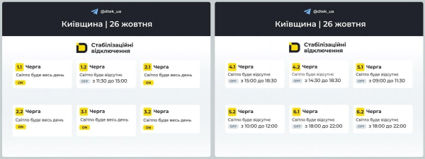 Графік вимкнення світла на 26 жовтня: коли українці будуть без електроенергії
