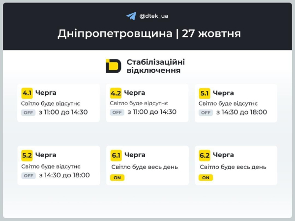 Графіки вимкнення світла на 27 жовтня: коли не буде електроенергії