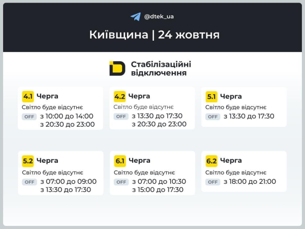 Відключення триватимуть: у кого вимикатимуть світло 24 жовтня