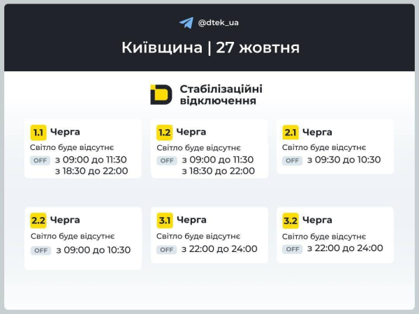 Графіки вимкнення світла на 27 жовтня: коли не буде електроенергії