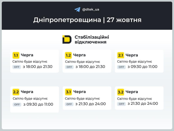 Графіки вимкнення світла на 27 жовтня: коли не буде електроенергії