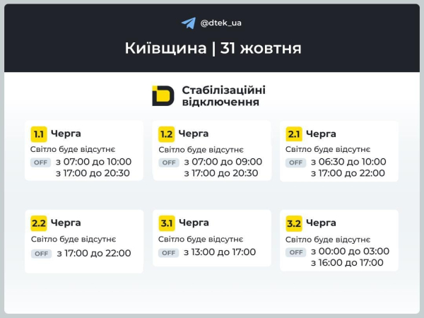 31 жовтня графіки відключень світла діятимуть усю добу: в "Укренерго" розповіли деталі