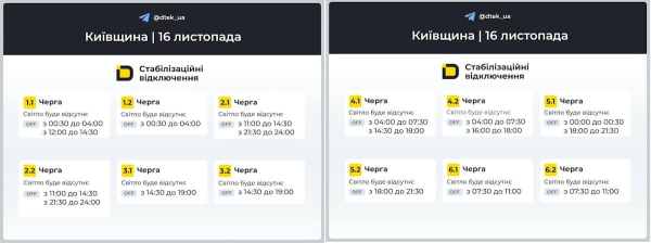Графіки відключень 16 листопада: коли не буде світла в неділю