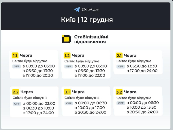Графіки відключень 12 грудня: коли вимикатимуть світло в Україні в п’ятницю