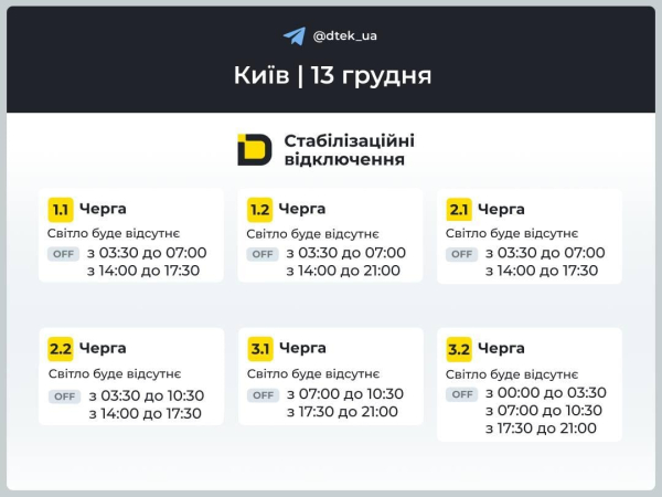 Графіки відключень на 13 грудня: коли у суботу вимикатимуть світло в Україні