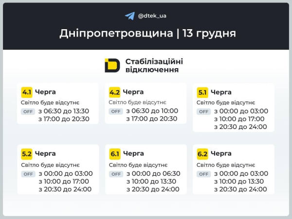 Графіки відключень на 13 грудня: коли у суботу вимикатимуть світло в Україні