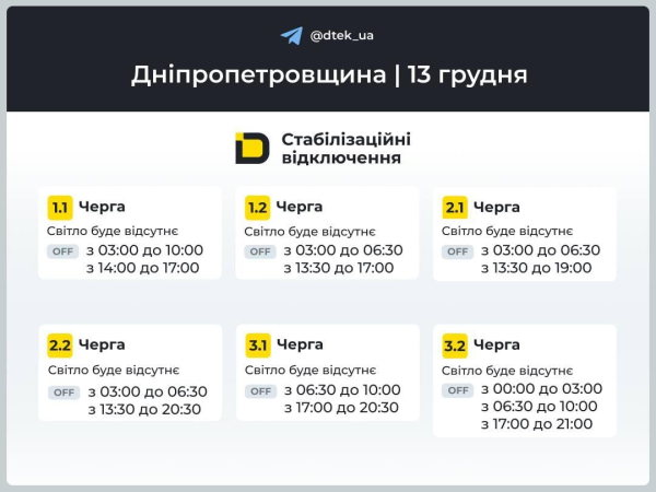 Графіки відключень на 13 грудня: коли у суботу вимикатимуть світло в Україні