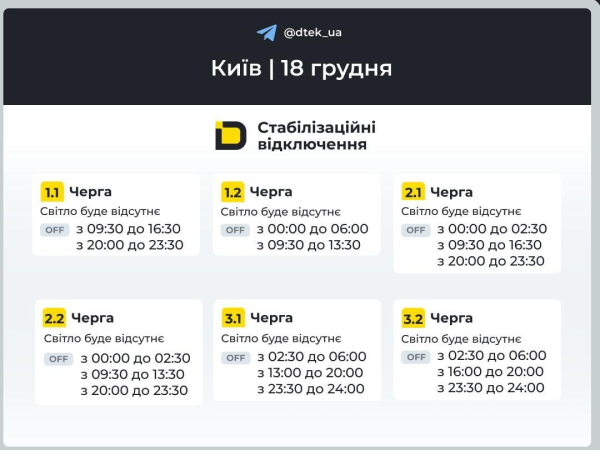 Відключення світла 18 грудня: коли не буде електроенергії у четвер