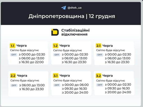 Графіки відключень 12 грудня: коли вимикатимуть світло в Україні в п’ятницю