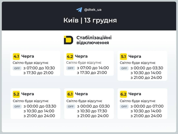 Графіки відключень на 13 грудня: коли у суботу вимикатимуть світло в Україні