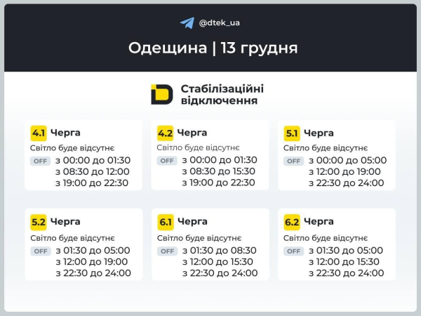 Графіки відключень на 13 грудня: коли у суботу вимикатимуть світло в Україні