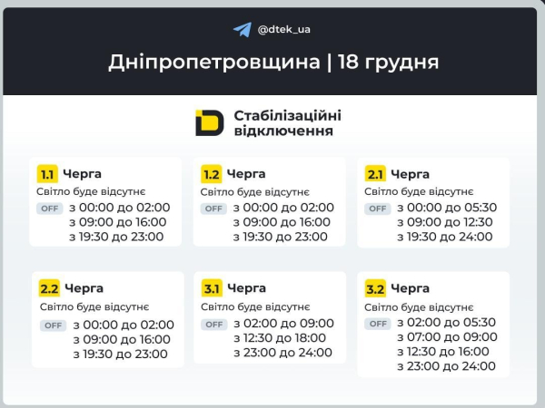 Відключення світла 18 грудня: коли не буде електроенергії у четвер