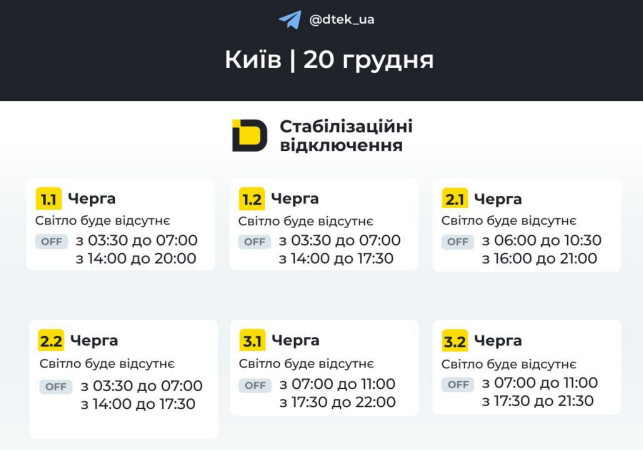 Графік відключення світла на 20 грудня Київ та область