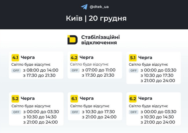 Графік відключення світла на 20 грудня Київ та область