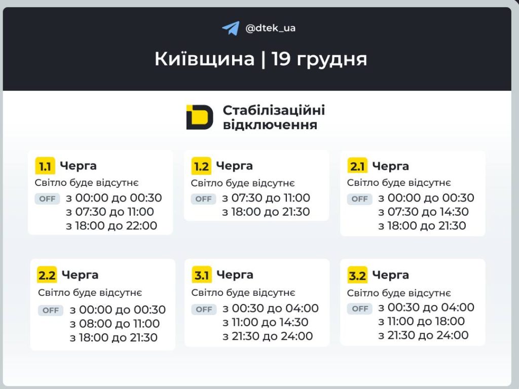 Графік відключення світла на 19 грудня Київ та області