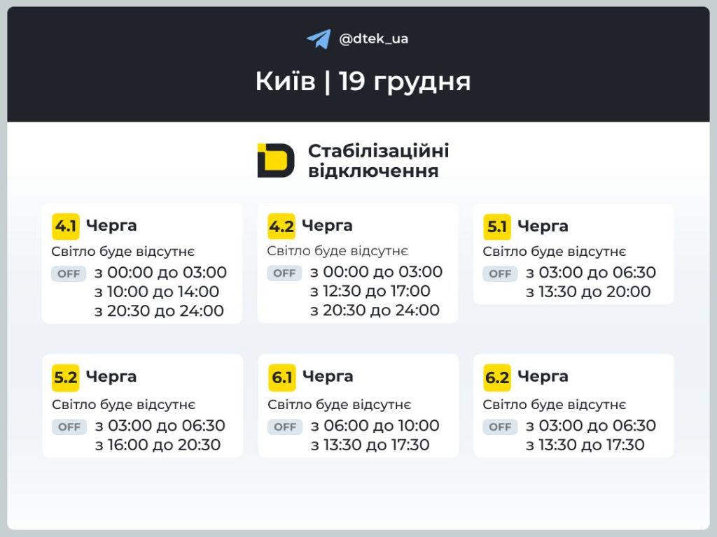Графік відключення світла на 19 грудня Київ та області