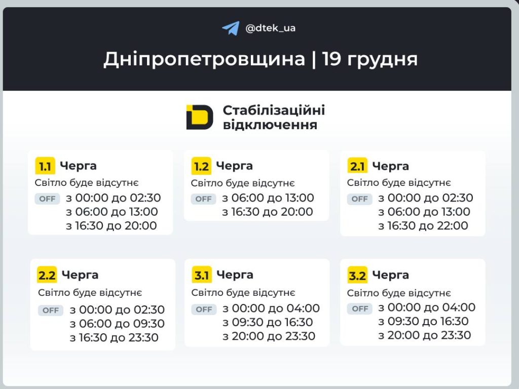 Графік відключень світла на 19 грудня Дніпропетровщина