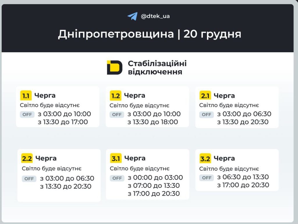 Графік відключення світла на 20 грудня: Дніпропетровщина