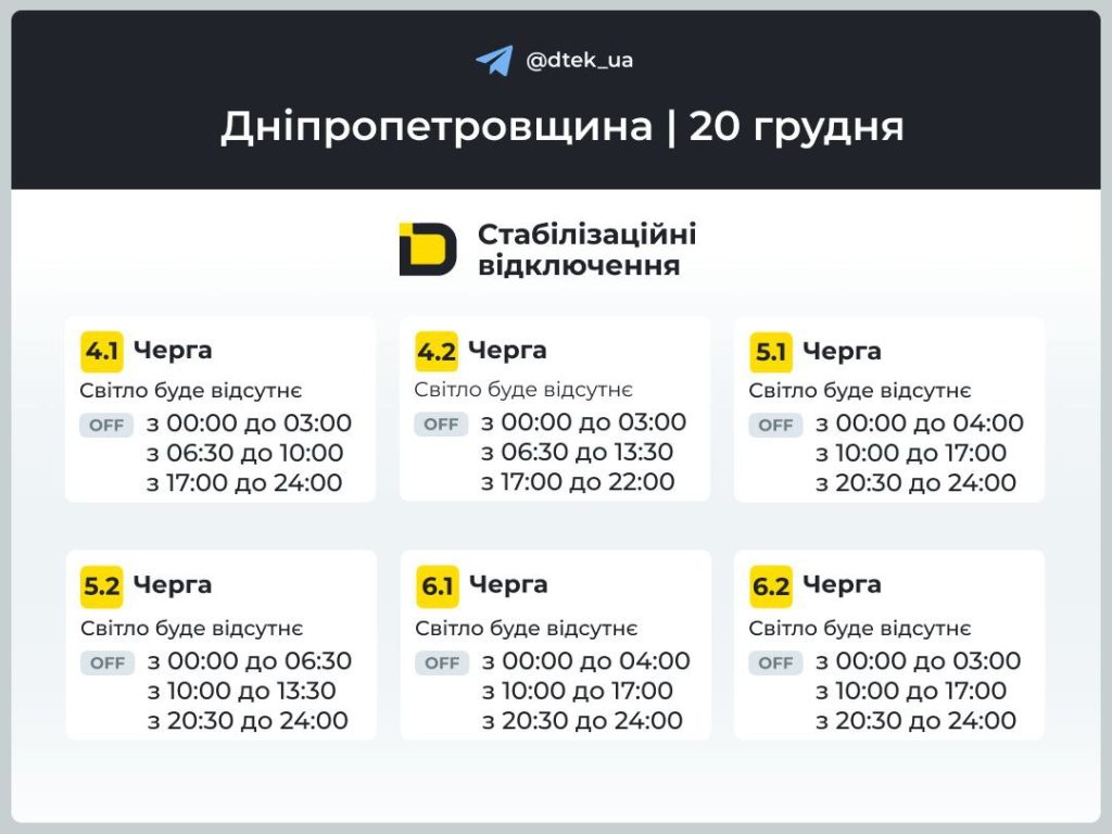 Графік відключення світла на 20 грудня: Дніпропетровщина