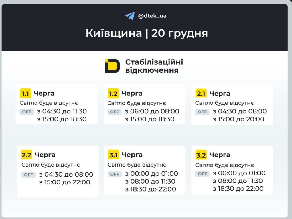 Графік відключення світла на 20 грудня Київ та область