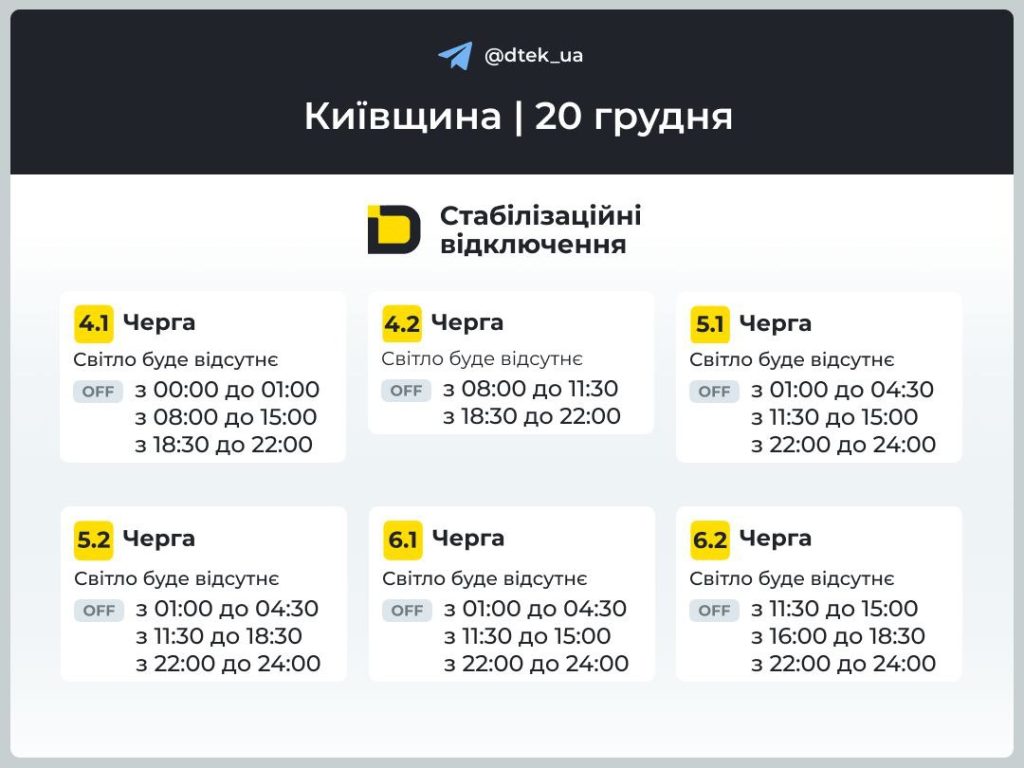 Графік відключення світла на 20 грудня Київ та область
