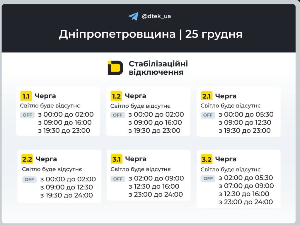 Відключення світла на Дніпропетровщині 25 грудня: що відомо