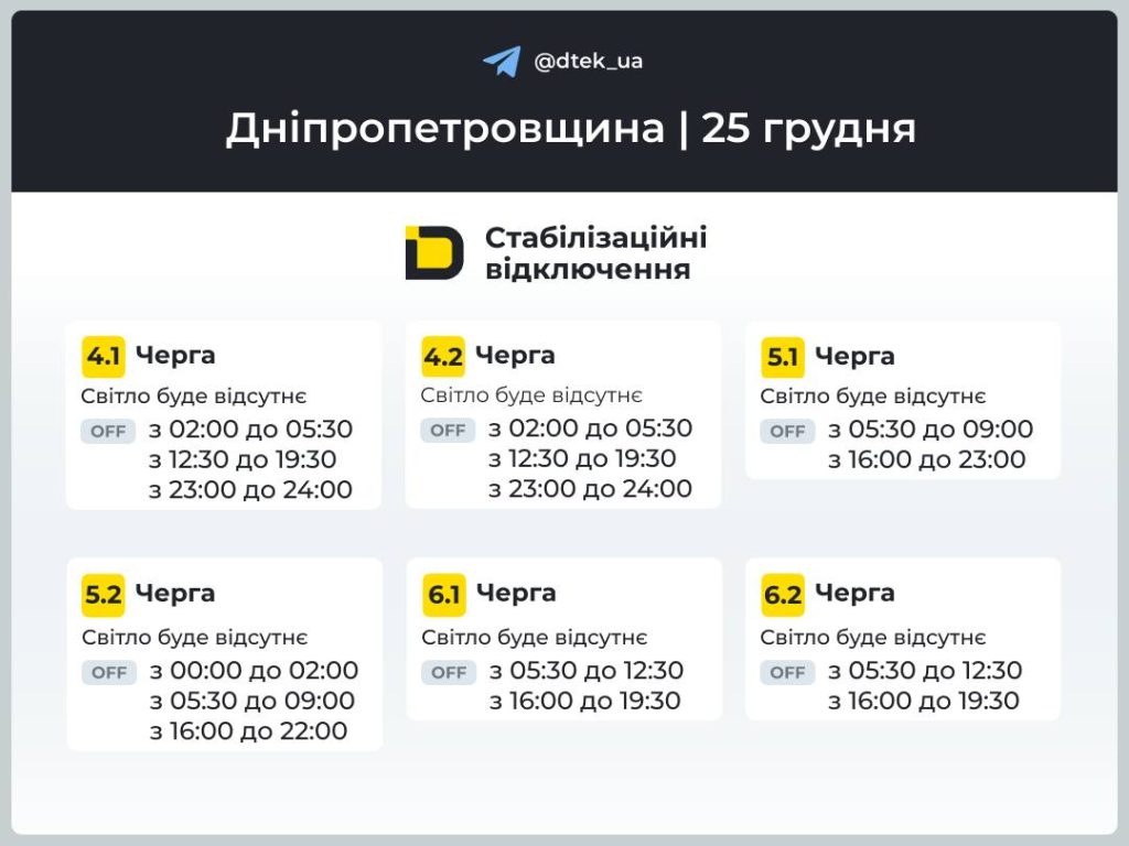 Відключення світла на Дніпропетровщині 25 грудня: що відомо