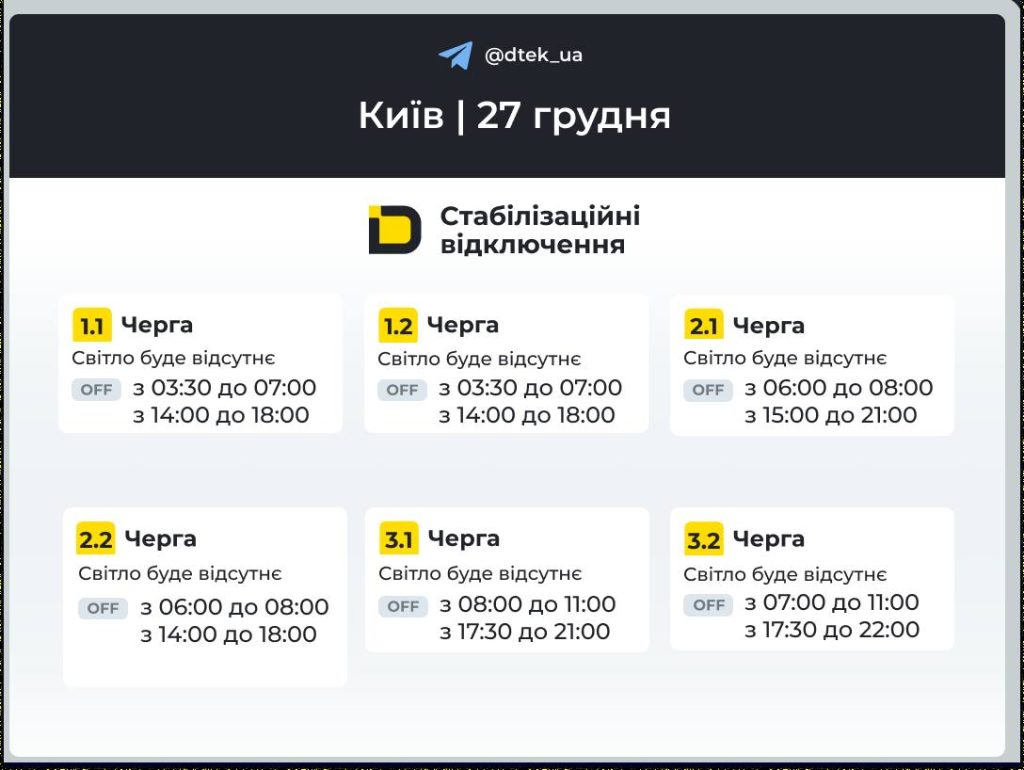 Графік відключення світла на 27 грудня в Києві та області