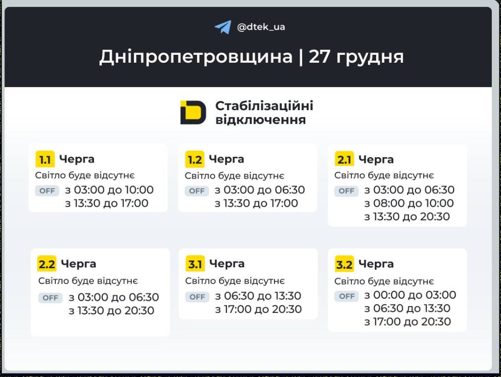 Графік відключення світла на 27 грудня на Дніпропетровщині