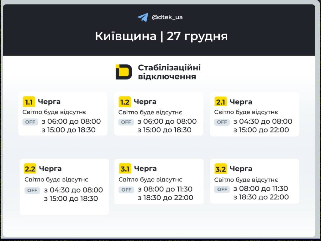 Графік відключення світла на 27 грудня в Києві та області