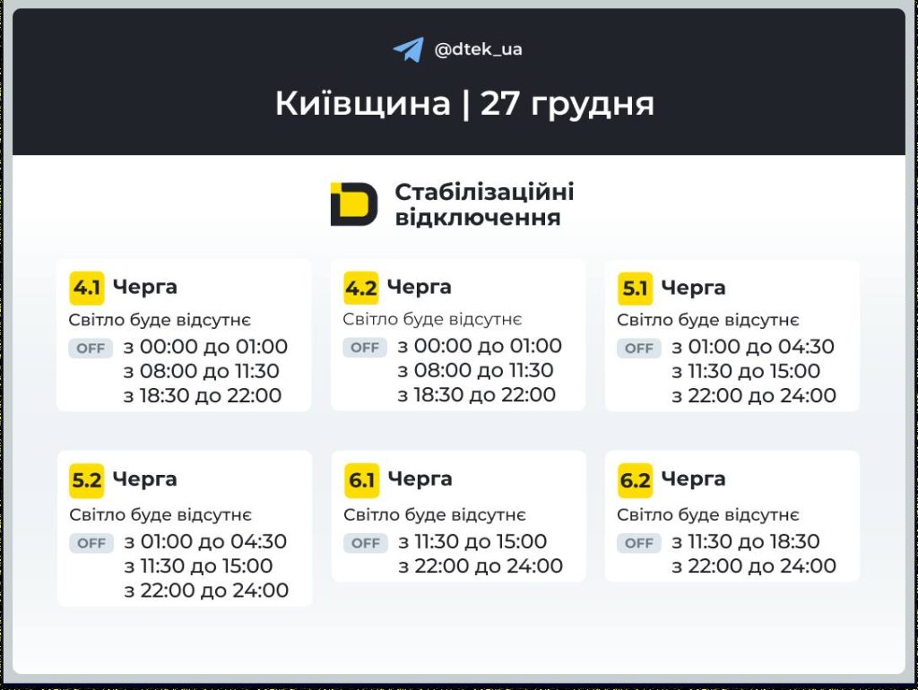 Графік відключення світла на 27 грудня в Києві та області