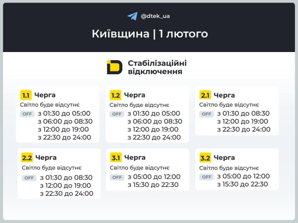 Графіки відключень світла: коли подаватимуть електрику 1 лютого