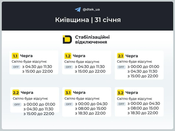 Опубліковано графіки на 31 січня: скільки годин не буде світла