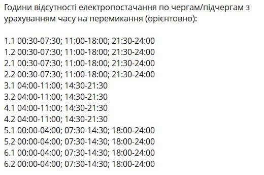Графіки відключень світла: коли подаватимуть електрику 1 лютого